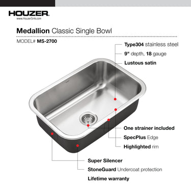 Houzer Medallion Designer 27 inch Stainless Steel Undermount Single D Bowl Kitchen Sink with Strainer